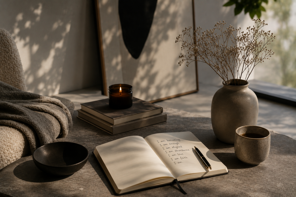 Daily Affirmations Library with affirmation categories including Love, Faith, Abundance, Identity, Gratitude, Confidence, and Personal Growth.